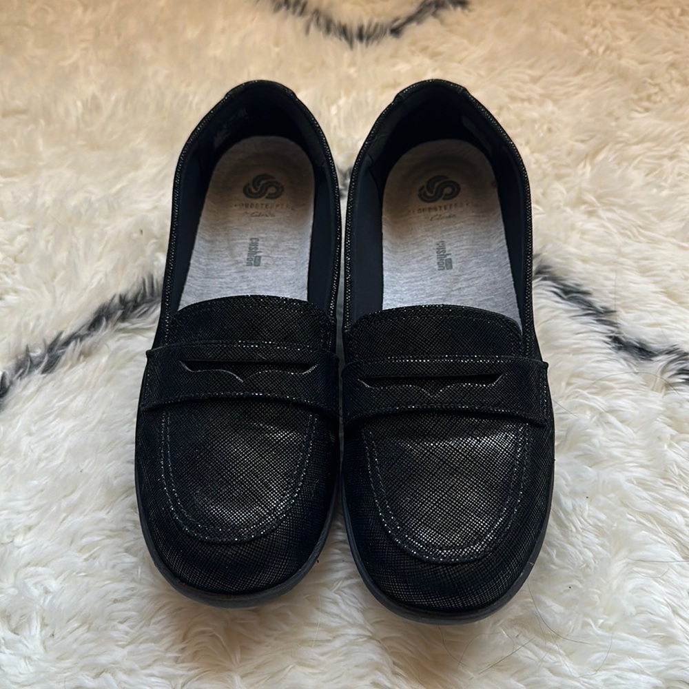 Soft Clarks black loafers